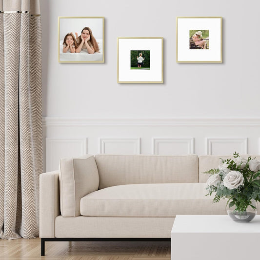 , 8X8 Aluminum Picture Frame - 8 X 8 Gold Frame with Removable Mat for 4 X 4 Photo - 8 by 8 Durable Metal Frame with Real Glass - Sawtooth Hanger for Easy Wall Display - 1 Pack